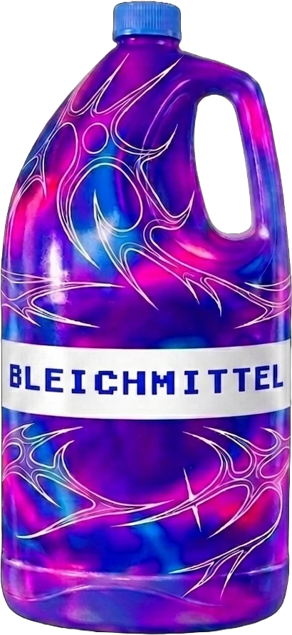 BLEICHMITTEL logo: a bleach bottle in liquid chrome with tribal linework